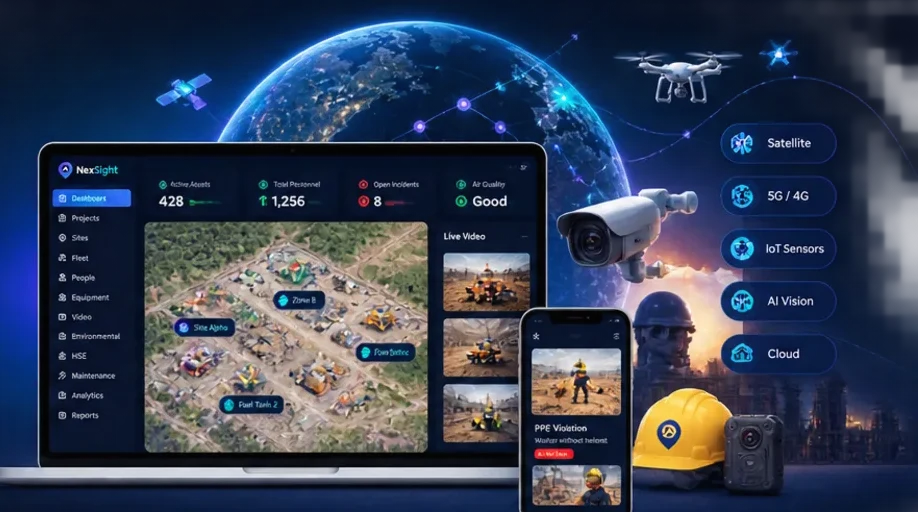 NexSight dashboard on laptop and mobile, connected to satellites, drones and site cameras